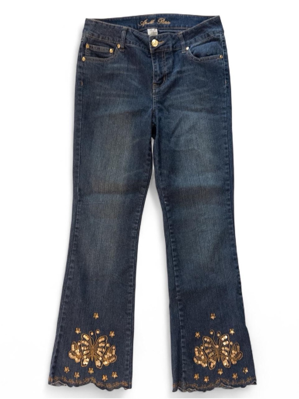 Vintage Y2K Apollo Petite Bootcut Jeans | Gold Sequin Butterfly Embroidery